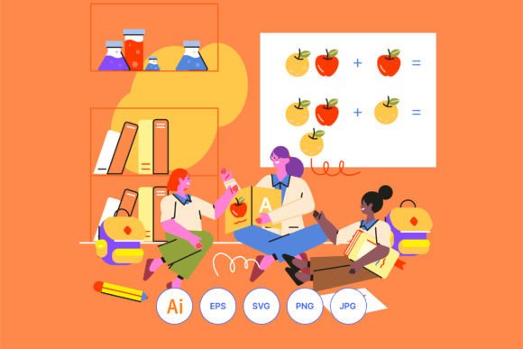 Female Teacher Explain to Students Graphics and Illustrations